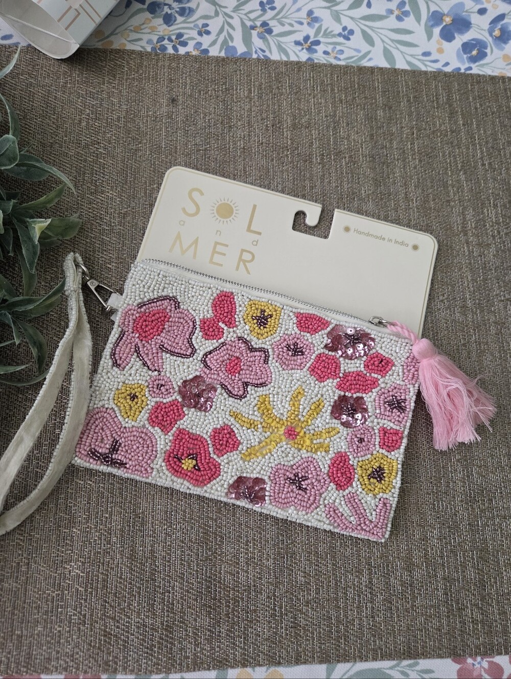 Sol and Mer Pink Floral Beaded Wristlet Clutch